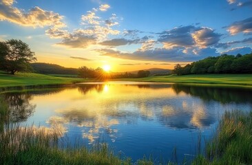 Obraz premium Serene Sunset Over Golf Course Pond And Rolling Hills