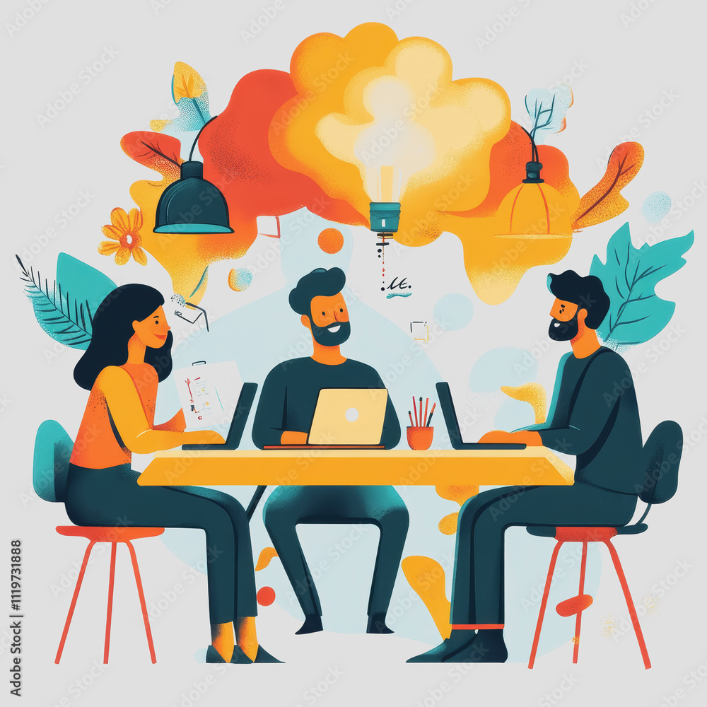 Poster collaborative workspace with diverse team brainstorming creative ideas in modern office environment 