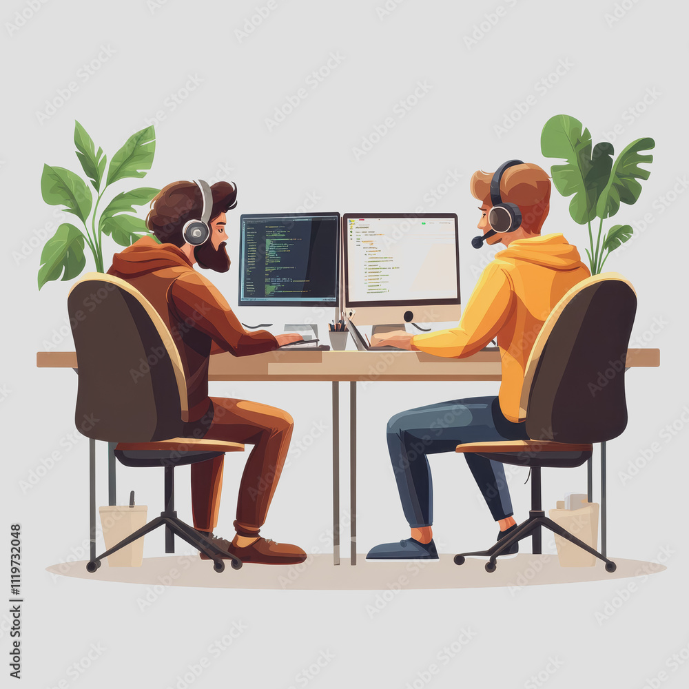 Poster two young professionals working together in a modern office environment, collaborating on coding pro