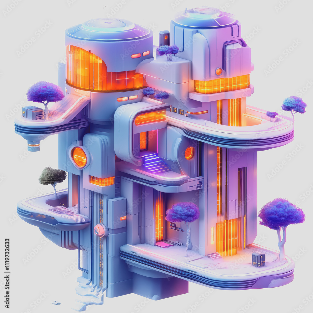 Aufkleber futuristic abstract building design with vibrant colors and unique architecture featuring trees and 