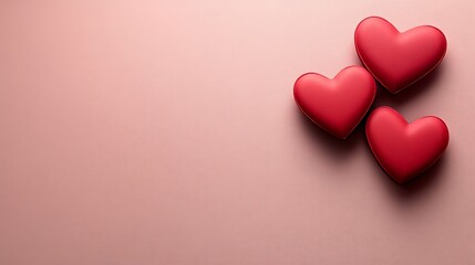 Three red hearts on pink background.