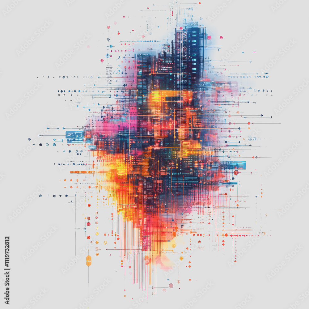 Poster abstract colorful digital background with vibrant hues and geometric lines depicting a fusion of tec
