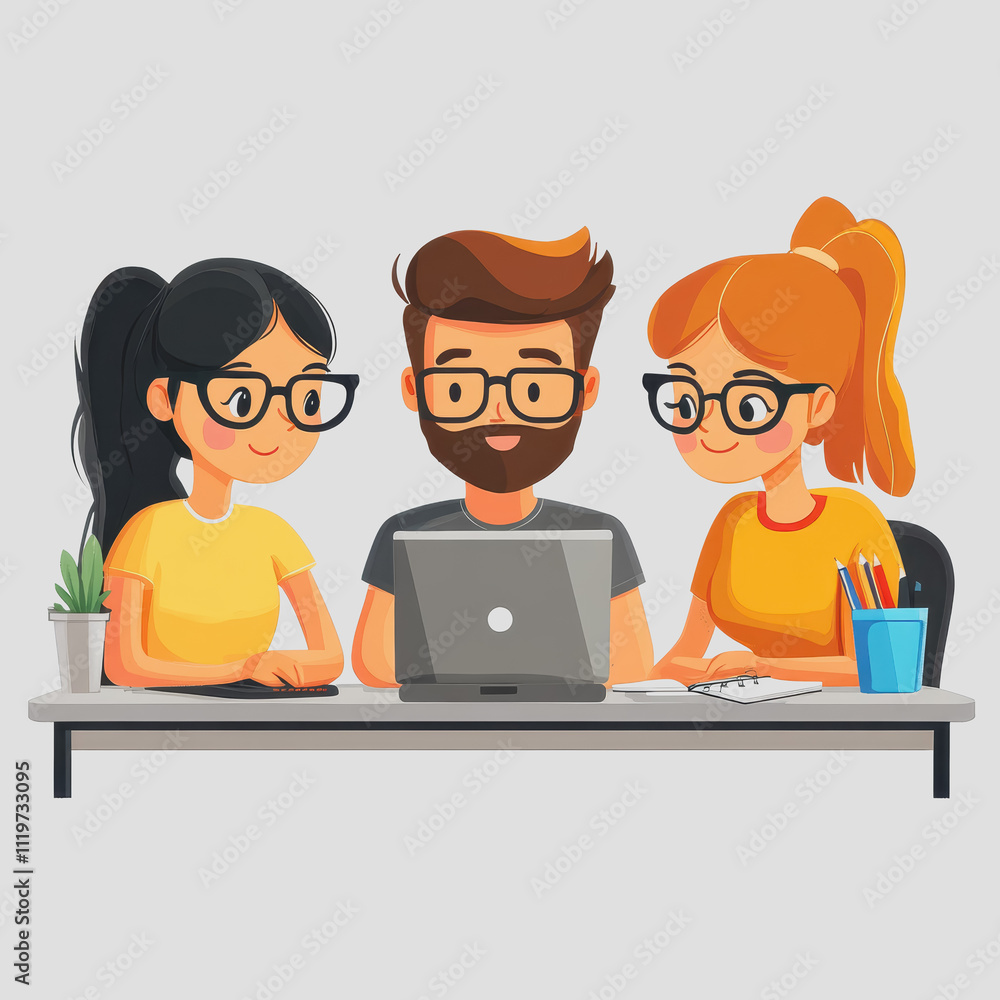 Poster three cheerful cartoon characters collaborating at a desk with a laptop while brainstorming ideas an