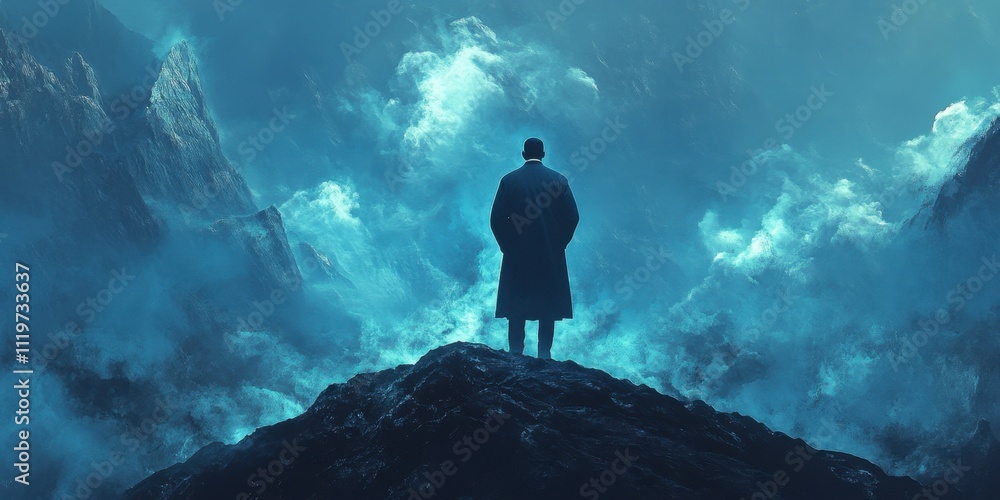 Poster mysterious figure gazes into an ethereal landscape filled with clouds and swirling mist during twili