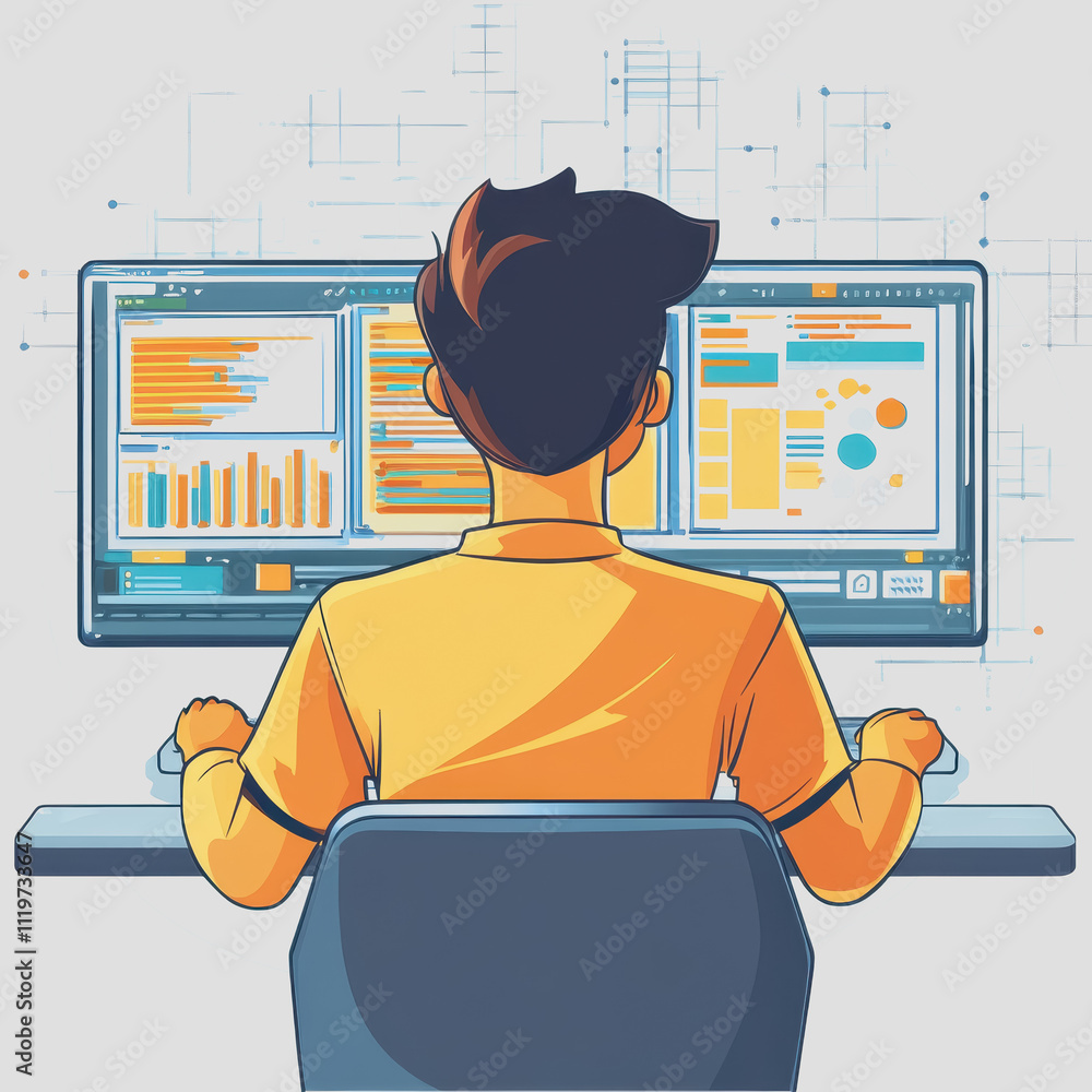 Poster young professional analyzing data on dual monitors for business intelligence and data visualization 