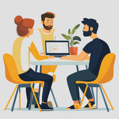 Three colleagues engaged in a collaborative discussion around a laptop at a modern office workspace with plants and bright chairs