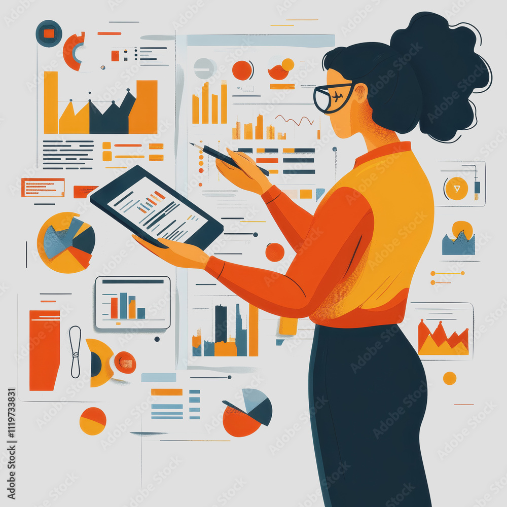 Poster business professional analyzing data on tablet with graphs and charts in modern office environment s