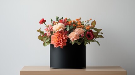 A round black gift box contains beautiful flowers, including roses and peonies in red, pink, and green colors. The background is a white wall 