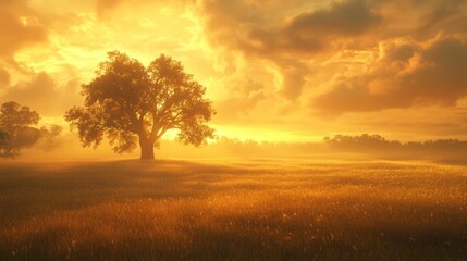 Fototapeta premium A lone tree stands silhouetted against a fiery sunrise, casting long shadows across a field of golden grass.