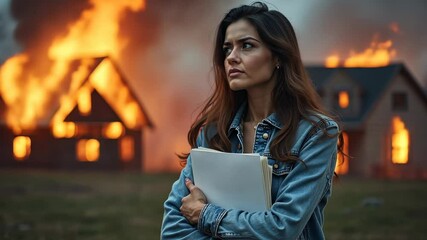Upset woman stands with insurance documents in front of burning house during devastating community fire. Property insurance accident concept.
