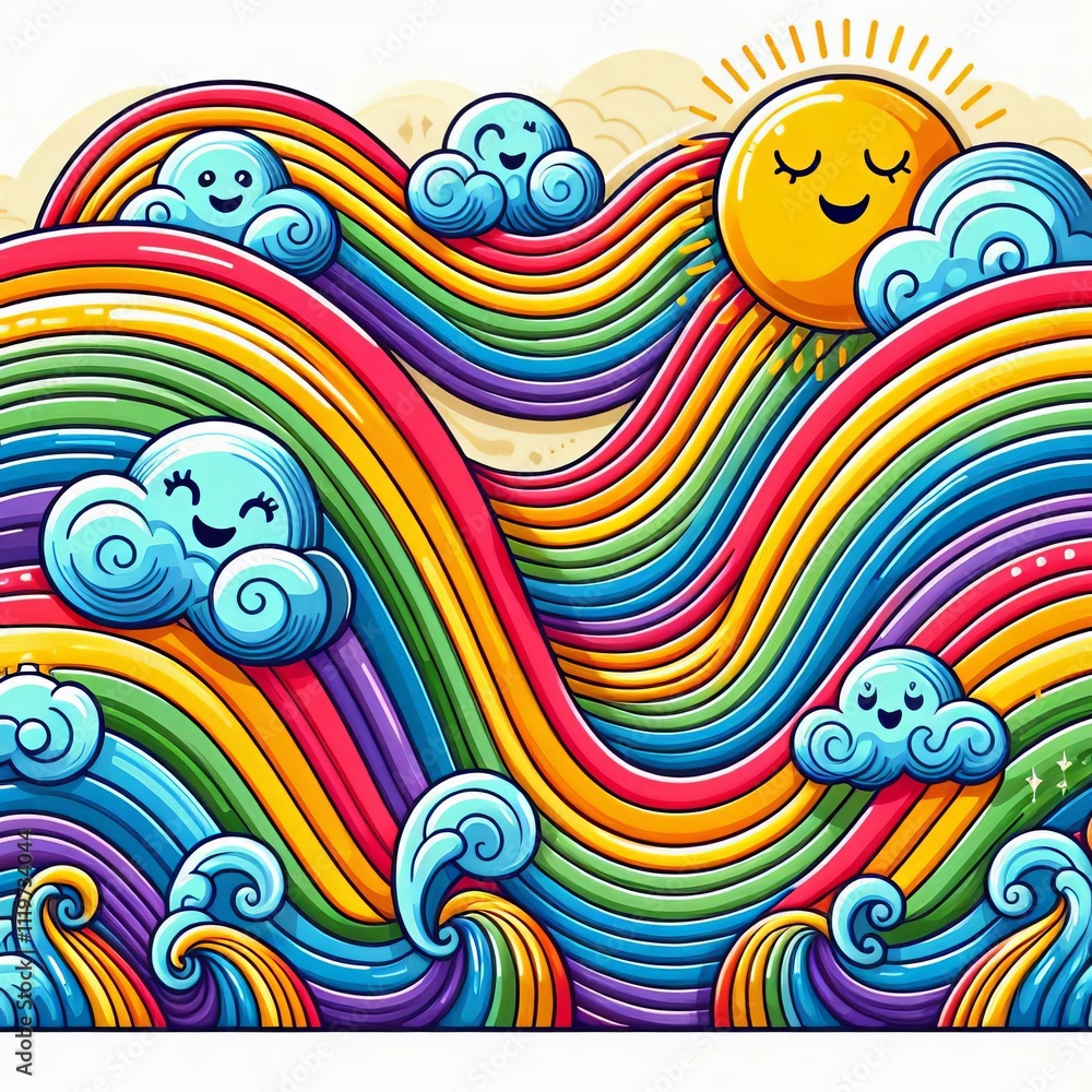 Poster rainbow waves curvy rainbow lines with smiling clouds at each en