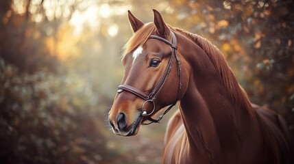 Obraz premium A chestnut horse with a white star on its forehead stands in a forest, bathed in the warm light of the setting sun.