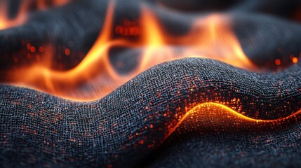 A close-up of textured fabric illuminated by glowing, molten-like patterns.