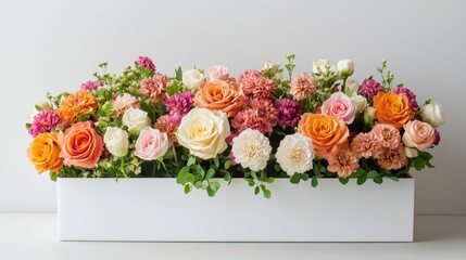 Obraz premium The gift box contains beautiful flowers, . The background is a white wall, and the table top has no objects on it, with nothing else around.