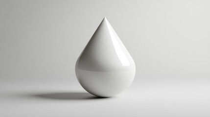 Fototapeta premium A single, white, glossy teardrop-shaped object sits on a white surface, casting a shadow.