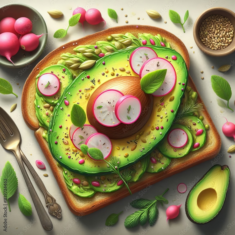 Poster realistic avocado toast a depiction of avocado toast topped with