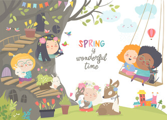 Cute cartoon children with animals in spring forest. Vector illustration
