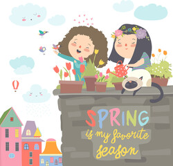 Cute girls standing on a balcony holding watering can in her hand and watering flowers in a pot. Vector spring illustration