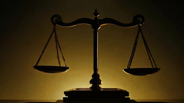 Elegancka złota waga na mrocznym tle, idealna do motywu prawniczego i sprawiedliwości.

