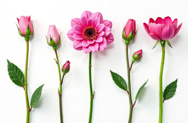 Set of different buds of different flowers without stems, only heads on a white background