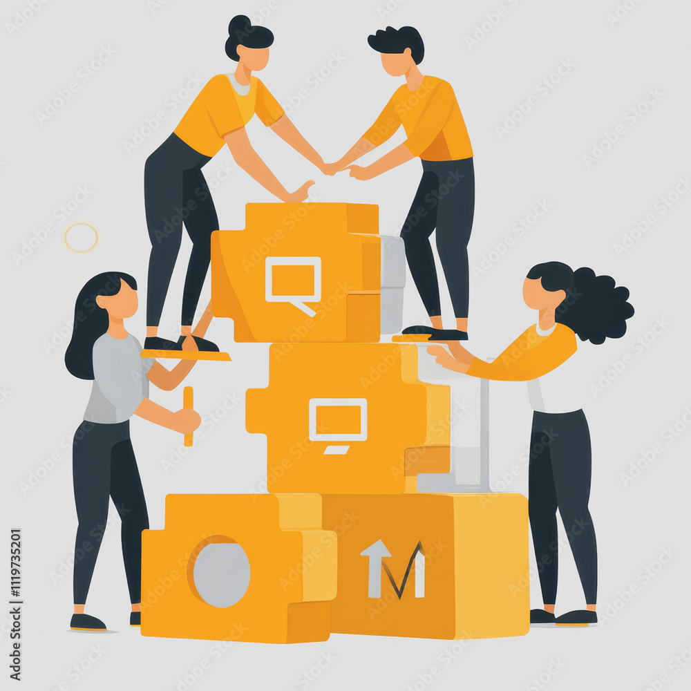 Poster diverse group of young professionals collaborating to build a colorful structure with communication 