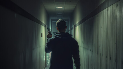 Shadowed Figure with Weapon, A solitary figure stands silhouetted in a dimly lit hallway, their back turned towards the camera as they hold a gun.