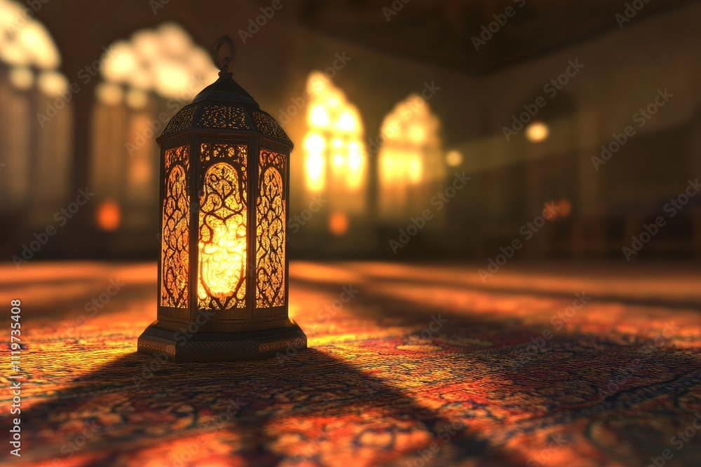 Poster beautifully crafted decorative lantern casting warm light in an elegantly designed interior space wi