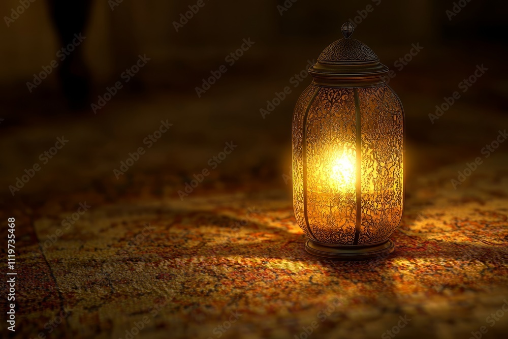 Poster delicate lantern illuminates a cozy room with intricate patterns and warm light on an elegant rug un