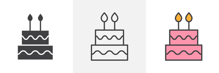 Cake icon collection in black and colored style.