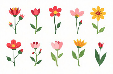 Set of different buds of different flowers without stems, only heads on a white background