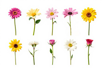 Set of different buds of different flowers without stems, only heads on a white background