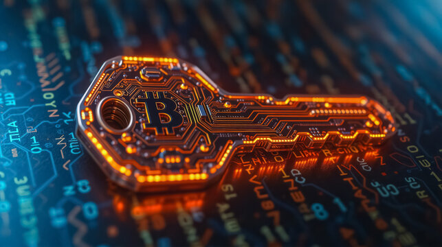 Bitcoin Key Illuminates Circuit Board, A glowing, illuminated key featuring a Bitcoin symbol rests on a complex circuit board.