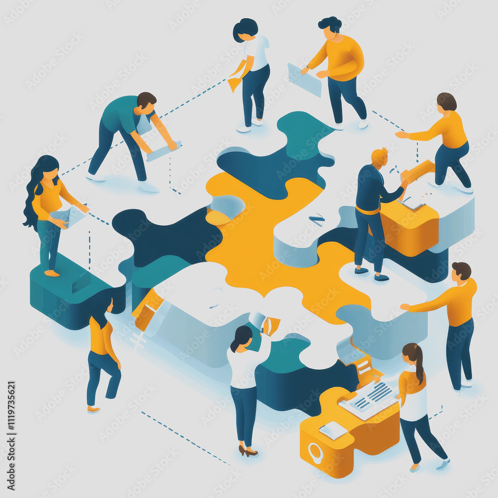 Poster collaborative teamwork in problem solving, people assembling puzzle pieces together in an office set