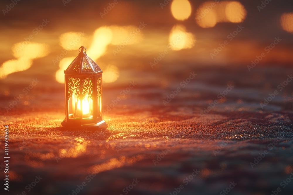 Poster glowing lantern on soft surface creating a warm ambiance with blurred light reflections in the backg