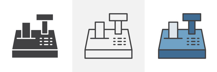 Cash register icon collection in black and colored style.
