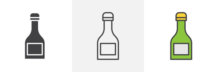 Champagne bottle icon collection in black and colored style.