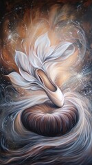 A graceful ballet slipper surrounded by ethereal swirls and floral elements.