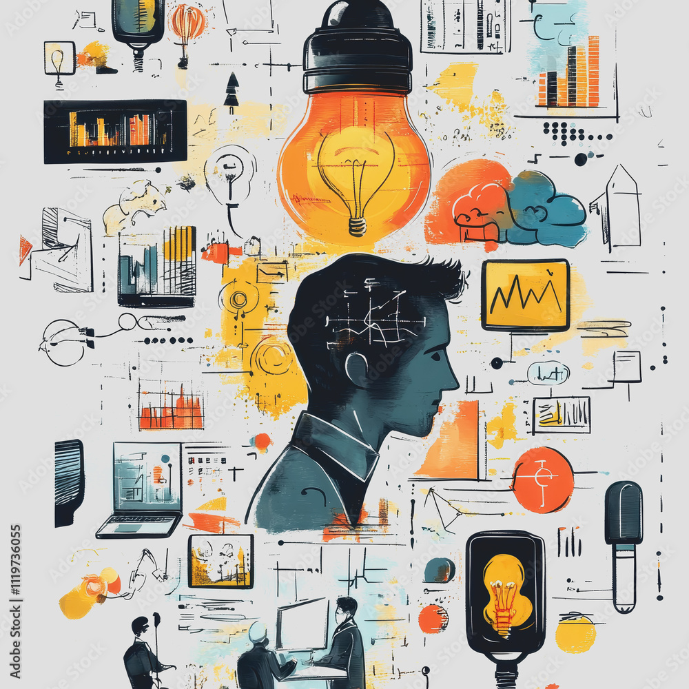 Poster creative visual representation of innovation and data analysis in the business environment showcasin