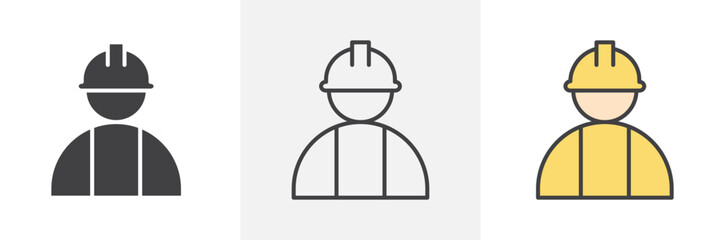 Construction worker icon collection in black and colored style.