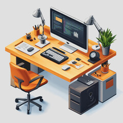 Modern workspace with computer setup, ergonomic chair, desk accessories, potted plant, creative environment for productivity and innovation in office design