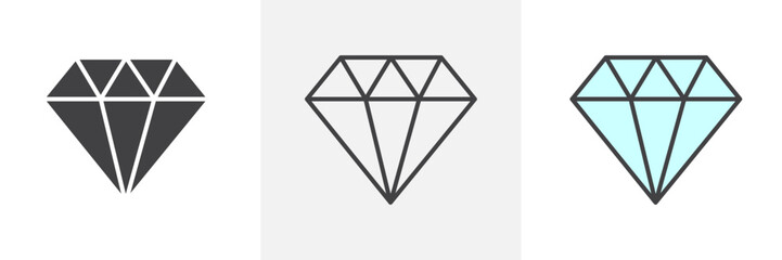 Diamond icon collection in black and colored style.