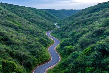 A winding road through lush green hills under a cloudy sky.