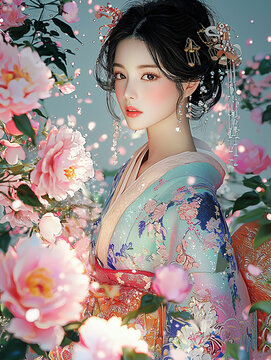 桃色の牡丹に囲まれた美しい和装女性、エメラルドグリーンと朱赤の花柄着物姿、銀の簪と水晶の揺れる髪飾りが輝く幻想的な春の情景、繊細な光の粒と花びらが舞う和の美を表現したデジタルアートイラスト