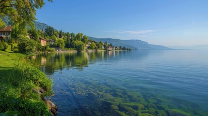 A serene view of the Lake Neuch??tel, with its calm waters, lush green banks, and picturesque villages