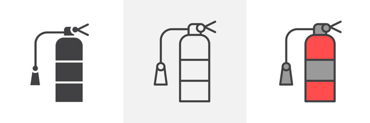 Fire extinguisher icon collection in black and colored style.