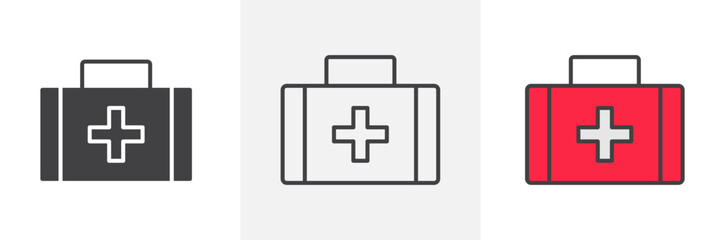 First aid kit icon collection in black and colored style.