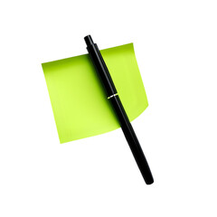 A black pen resting diagonally on a green sticky note on a transparent background.