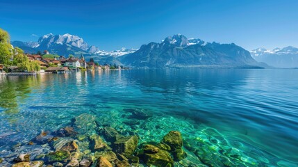 Obraz premium A serene view of Lake Lucerne with crystal-clear waters, surrounded by majestic mountains and quaint villages