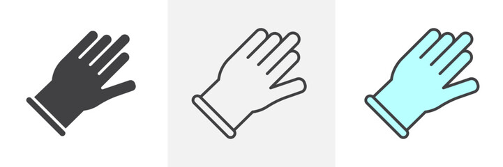Glove icon collection in black and colored style.
