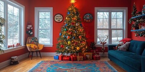 Obraz premium Warm holiday cheer fills a cozy living room with a beautifully decorated Christmas tree and festive decorations